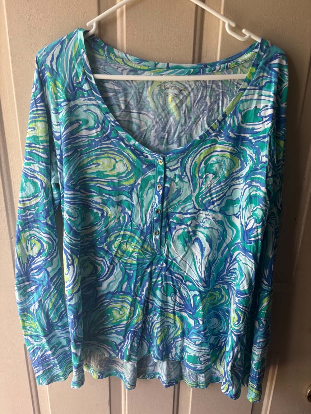 Lilly Pulitzer Blue, Teal & White Swirl Button-Up Top